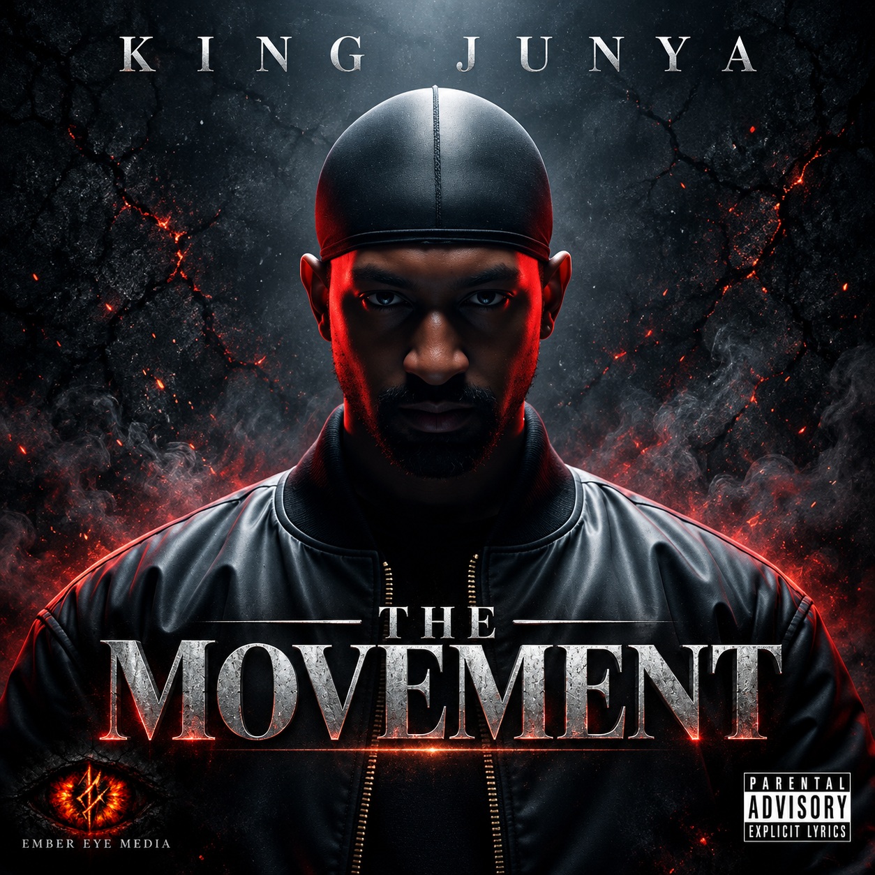 The Movement album cover: King Junya in charcoal and red light, with the Ember Eye Media logo and Explicit Lyrics advisory
