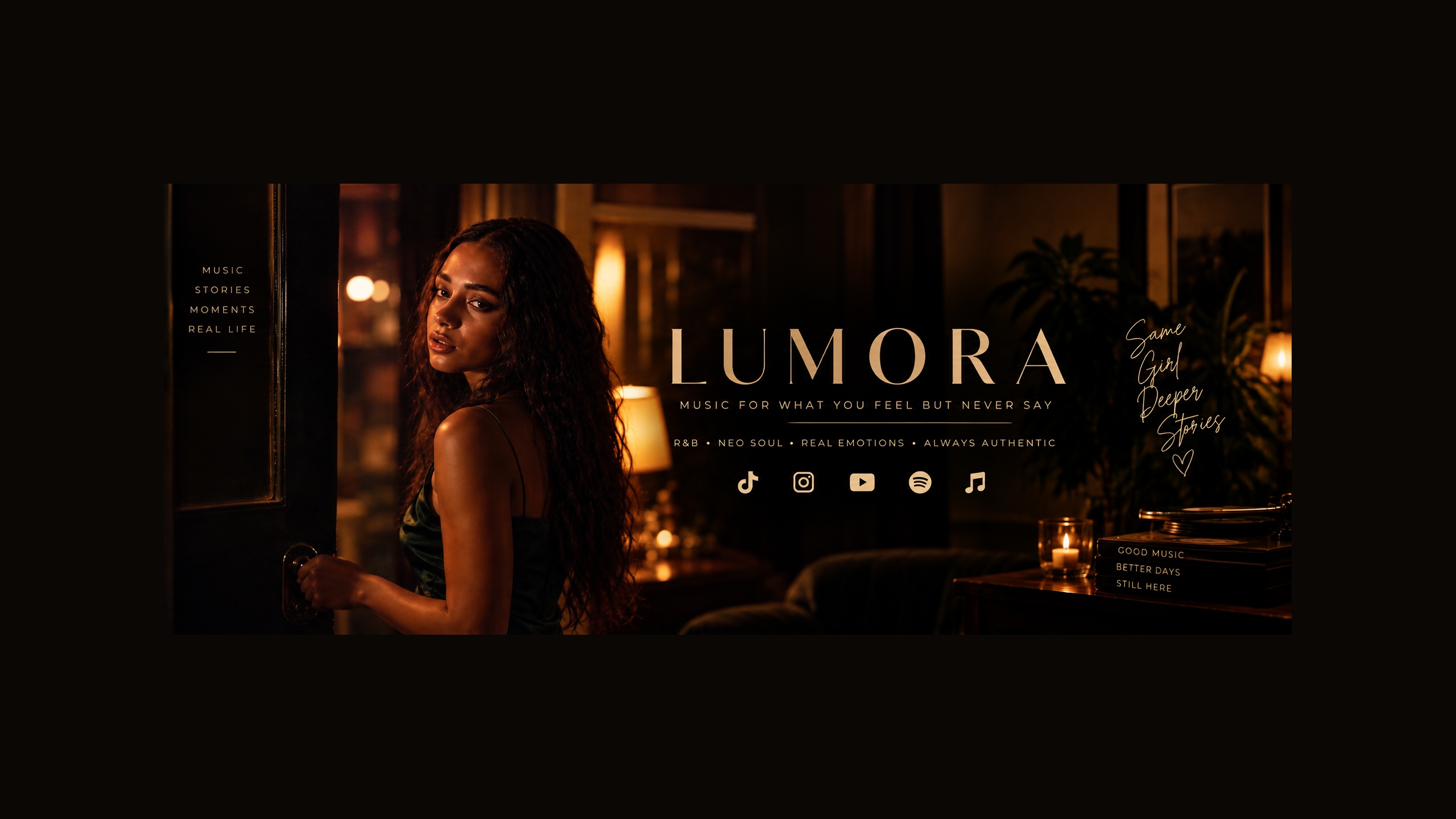 Lumora channel artwork with an amber portrait and music platform symbols